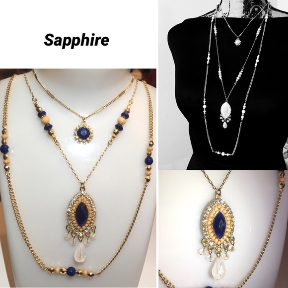 Multi Chain & Pendant 3 Row Waterfall Necklace - Picture 2 of 2